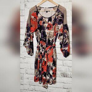 Nine West Floral Chiffon Dress – Size 2 Belted Sheer Sleeve Cocktail Dress
